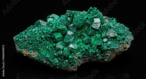 High resolution malachite stone revealing monoclinic crystal geometry isolated on black