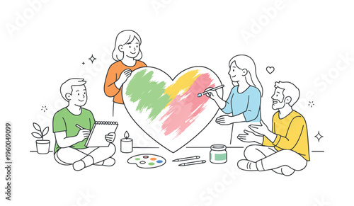 A wellness and mental health context where people engage in creative activities to reflect emotions and build positive connections, represented by a small group engaging with a