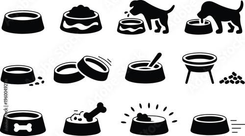 Dog Bowl Silhouette Icon Collection Set