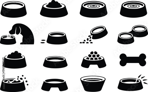 Dog Bowl Silhouette Icon Collection Set