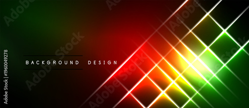 Vibrant abstract background features glowing lines, gradients. Red, green, yellow hues dominate dark space. Modern design element.