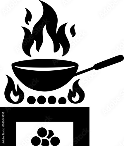 Wok Frying on Stove Icon Representing Asian Cuisine Cooking and Food Preparation with Intense Heat and Culinary Process