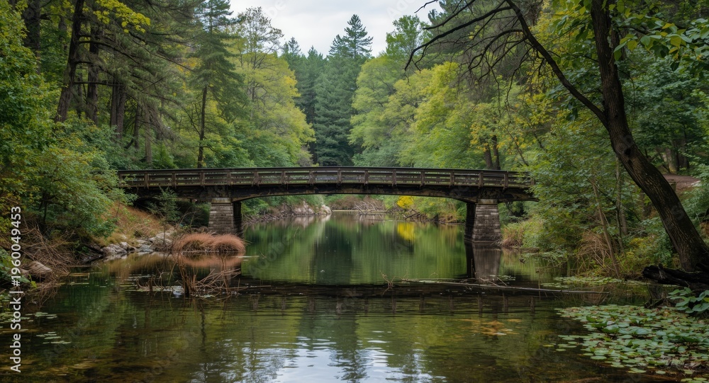 Fototapeta premium An old bridge crossing gentle waters in a serene wilderness backdrop with copy space
