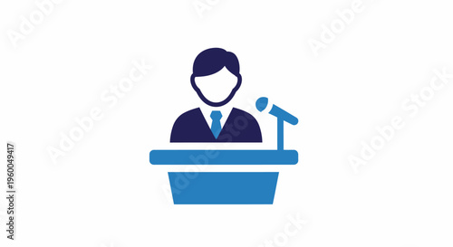 Public Speaker Man at Podium with Microphone, Blue Icon Isolated on White