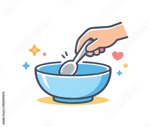 Placing a spoon into a bowl before starting a meal as part of a simple everyday routine focused on preparation and familiar dining habits at home, a bowl with a spoon and a small