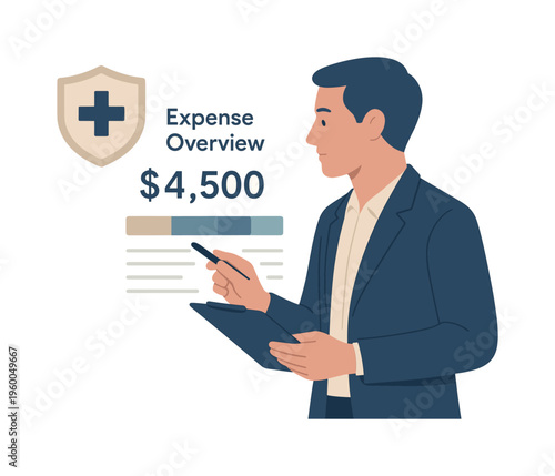 Health insurance and cost planning concept illustrating a professional evaluating healthcare expenses to optimize coverage and reduce financial risk, with a person interacting with