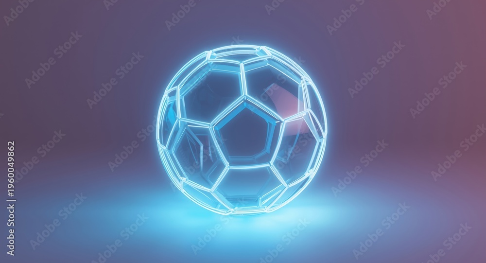 Naklejka premium Neon illuminated futuristic soccer ball on bright white backdrop
