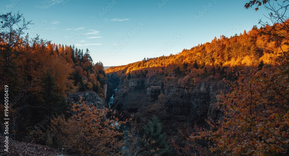 Fototapeta premium Clear autumn afternoon with a prominent gorge and glowing fall-colored forest