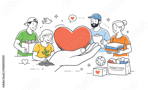 A community volunteering and social impact scene showing a group of people contributing time and effort together around a large heart symbol and a helping hand, using the heart and