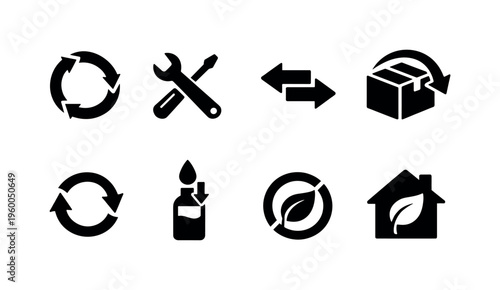 Circular economy and reuse: product lifecycle, repair tools, second use arrows, package return, exchange arrows, refill container, zero waste symbol, eco house