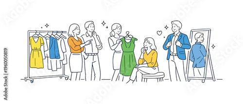 A fashion and personal branding scene focused on wardrobe styling as a way to enhance confidence and professional image, where a small group collaborates on outfit selection around