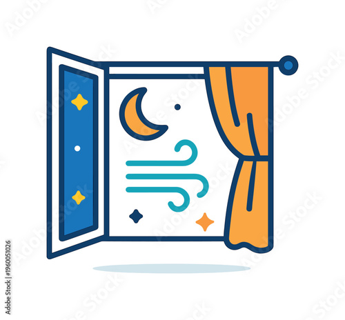 Evening window ventilation habit shaped by cultural routines of airing out living spaces for freshness and comfort, an open window paired with a curtain and a small airflow element