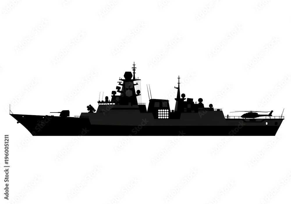 Fototapeta premium Modern naval warship sailing on calm waters with advanced weaponry and radar systems