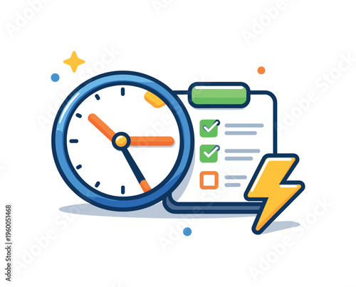 Time efficiency and task completion focused on managing workload and finishing responsibilities within deadlines in structured routines, a clock combined with a checklist and a