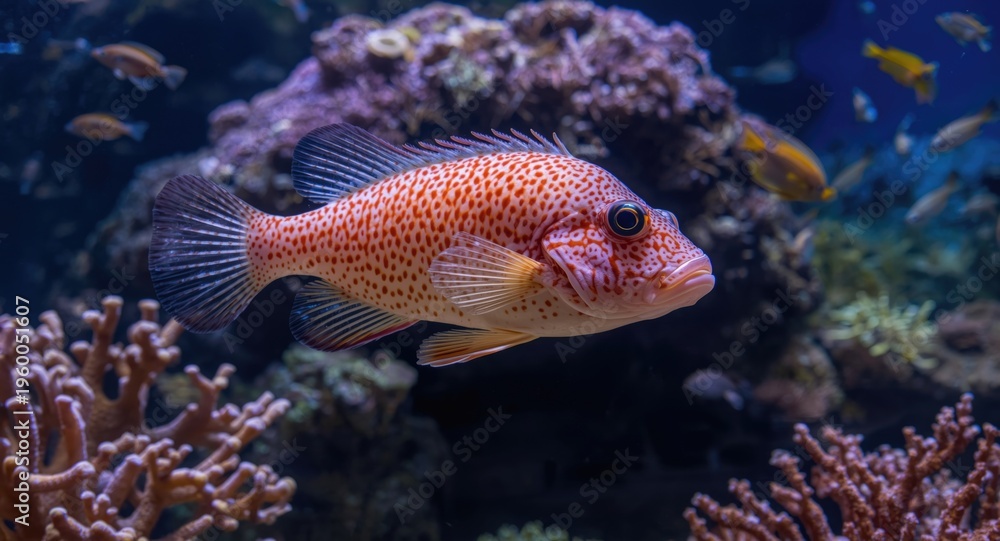 Fototapeta premium Adult hogfish in a tropical aquarium featuring natural coral and marine life