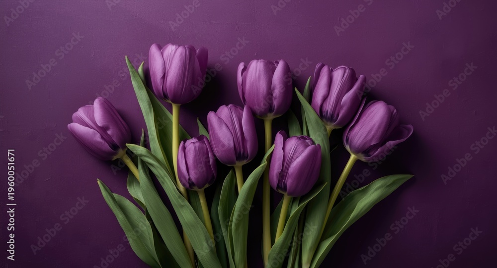 Fototapeta premium Fresh purple tulips set against a deep violet textured studio background