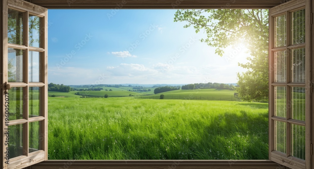 Fototapeta premium Calm countryside landscape visible from window perspective