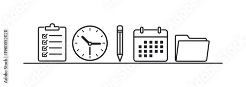 Structured task planning and daily productivity system for efficient time management and organized workflow control, checklist sheet, wall clock, pencil, blank calendar page, and