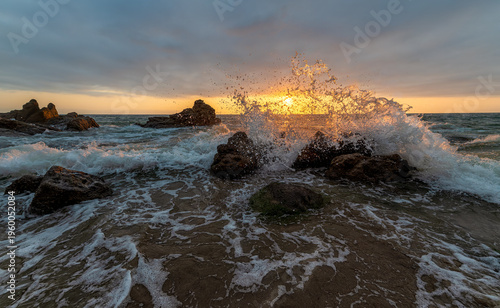 Sunset Ocean Seascape Tropical Water Splashing Inspirational Beautiful Nature Scenic Sunrise Rocks