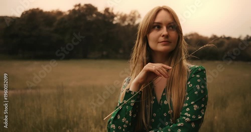Young beautiful woman walking in dress at summer nature. Caucasian European happy girl run with smile in park. Amazing natural women beauty, long blond straight hair. Close up Ukrainian people face 4k