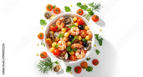 Seafood salad composed of calamari shrimp clams tomatoes bell pepper parsley and olives viewed from top on white background