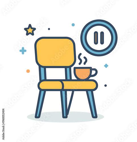 Taking a short break during the day to rest and recharge between tasks in a familiar home or work setting, a simple chair with a cup of tea and a small clock symbolizing pause and