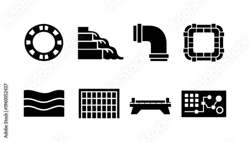 Hydropower plant operations: turbine wicket gate ring, spillway flow cascade steps, penstock pressure pipe bend, generator stator coil frame, reservoir level contour band, intake