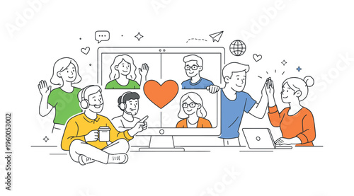 A remote team culture and virtual engagement scene showing distributed employees connecting and building relationships together around a large video call screen and a simple heart