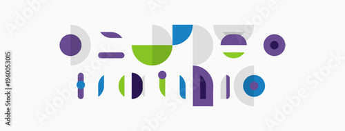 Abstract geometric shapes, purple, green, blue tones. Minimalist design, clean lines, modern aesthetic. Composition suggests playful arrangement.
