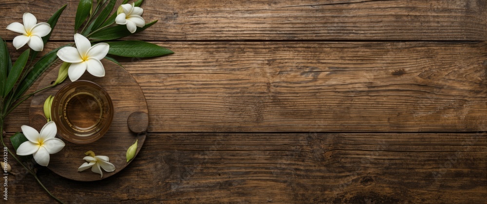 Fototapeta premium Rustic wooden backdrop for herbal tea and fresh jasmine flower decor