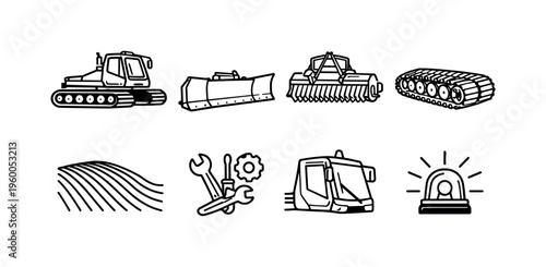 Snow grooming machinery: snow groomer vehicle, front blade, rear tiller, track system, control cabin, snow surface pattern, maintenance tools, safety beacon