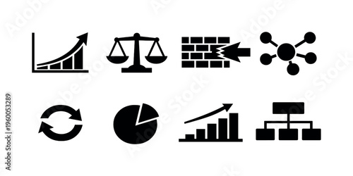 Economic policy analysis: inflation trend curve, fiscal balance scale chart, tariff barrier block, labor market node web, currency exchange arrows loop, public spending pie slice