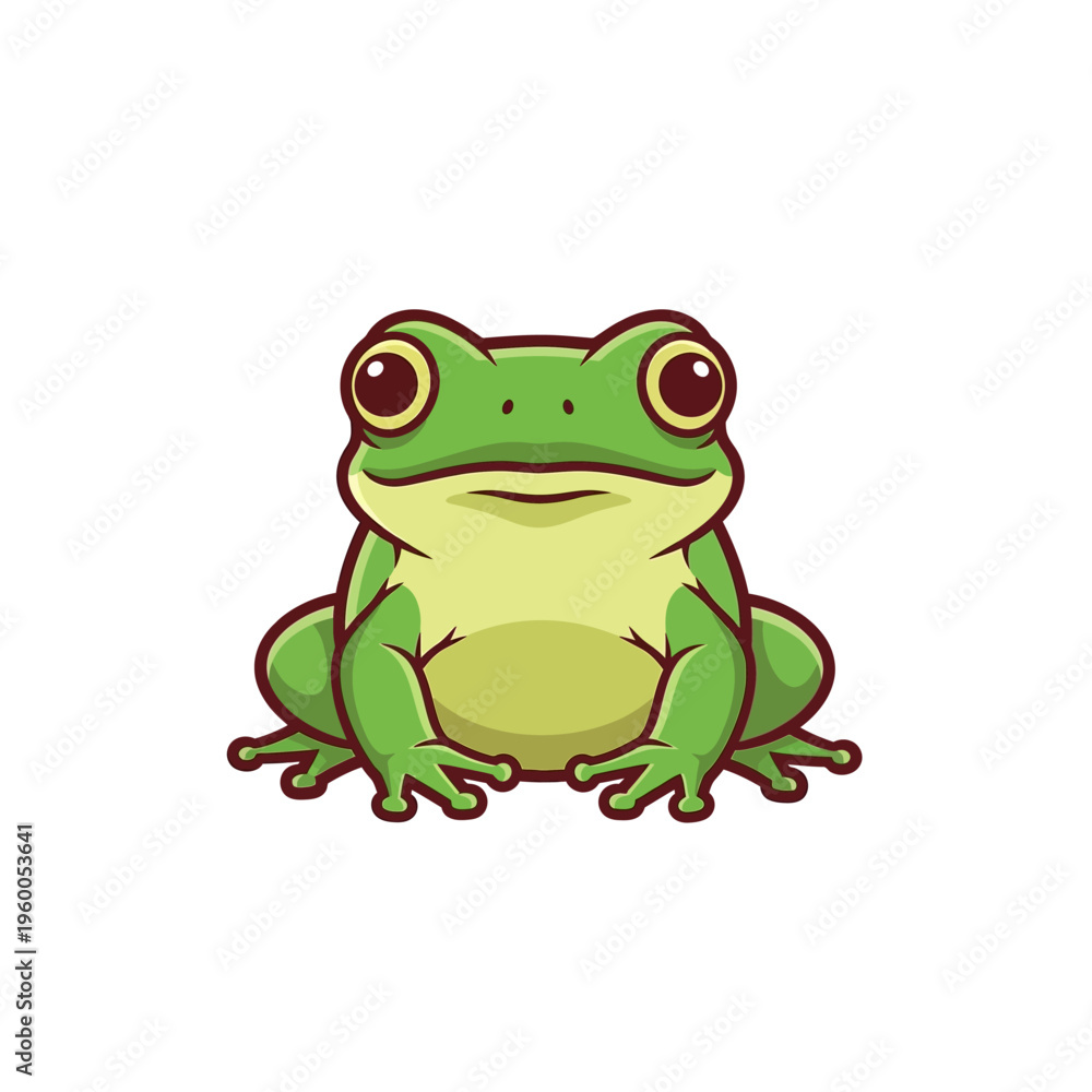 Obraz premium A cute cartoon green frog with large eyes sitting front and center on a white background.