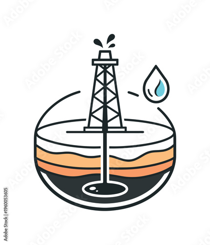 Strategic fossil fuel exploration and drilling operations aimed at securing energy resources for industry growth, a vertical drilling tower combined with a circular earth layer