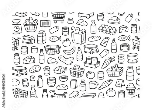 Basic supermarket items doodle pattern with shopping cart, basket, paper bag, barcode, receipt, price tag, apple, banana, milk bottle, bread loaf, egg carton, cheese, meat, fish