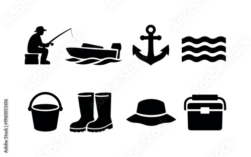 Angling and outdoor fishing: fisherman silhouette, boat, anchor, water waves, bucket, rubber boots, hat, cooler box