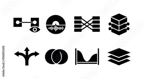 Multimodal AI integration: vision language node merge, audio waveform embedding disc, cross-attention bridge bars, sensor fusion layered cube, modality routing arrow fork, shared