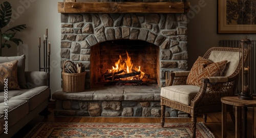 relaxing cozy fireplace glowing warmly with burning firewood