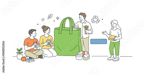 A conscious consumption and minimalist lifestyle scene showing individuals reducing waste and focusing on essentials together around a large reusable bag and a simple minus symbol