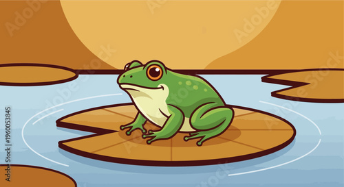 A cartoon green frog with red eyes sits calmly on a brown lily pad in a blue pond, with an orange background.