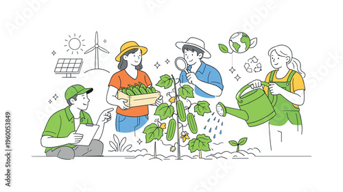 A sustainable farming context where agricultural workers manage vegetable cultivation using efficient and eco-friendly practices, represented by a small group engaging with a