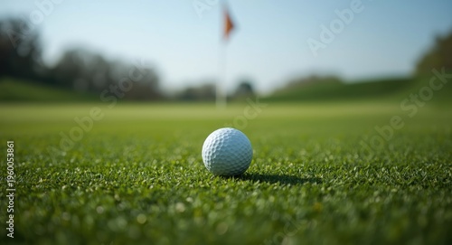 Sharp image of golf ball on grass with flag softly blurred behind