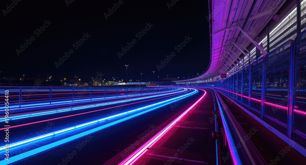 Fototapeta premium Futuristic illuminated racecourse with neon strips and glass railings under night sky