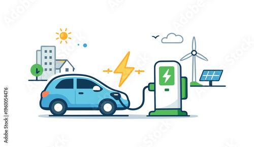 Electric vehicle charging infrastructure supporting sustainable transportation and clean energy adoption in urban and residential environments, an electric car connected to a