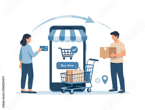 Automated customer journey and seamless online shopping experience optimization, represented by a smartphone combined with a shopping cart and a subtle flow arrow, symbolizing