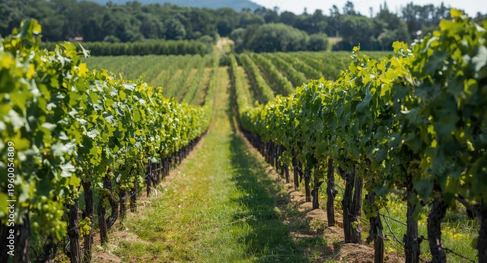 Obraz premium Expansive vineyard rows with ripe grapes ready for winemaking on a bright summer day