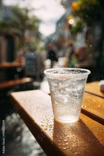 Refreshingly cold carbonated drink in a clear cup with ice droplets