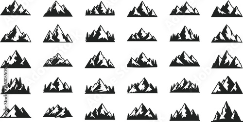 Mountain peak icons, snowy range silhouettes, forest landscape elements, outdoor adventure symbols, nature travel graphics, climbing and hiking vector, minimalist hill shapes