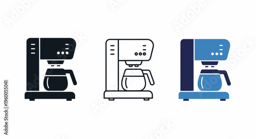 Coffee Maker Icon Set Three Styles Vector Illustration Isolated on White Background