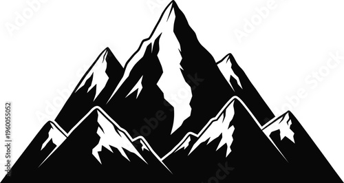 Mountain range silhouette with snowy peaks, alpine nature landscape, high mountain summit, outdoor adventure travel icon, flat vector illustration, climbing.